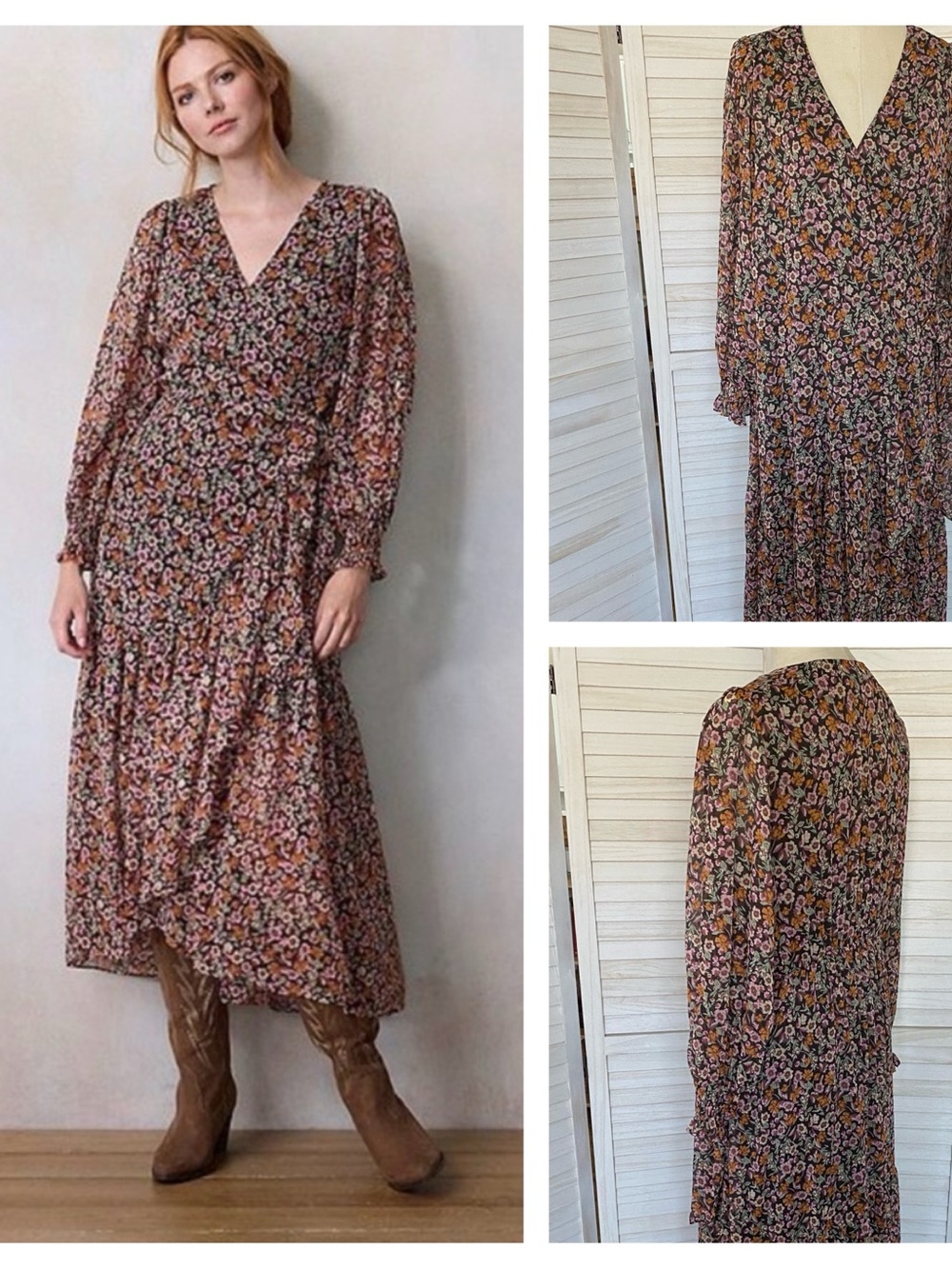 LC Lauren Conrad Brown  Floral V-Neck Long Sleeve Wrap Ruffle Maxi Dress SZ 1X